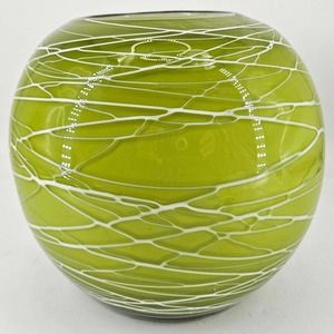 Hand blown cased studio art glass green whited round vase decor